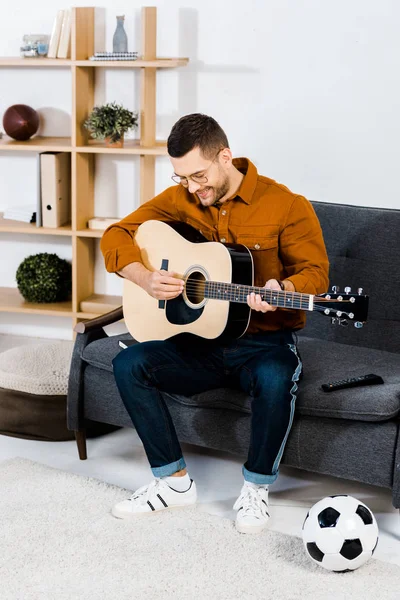 Handsome Musician Glasses Playing Acoustic Guitar Living Room — Stock Photo, Image
