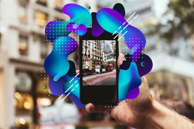 new york şehir sokak tasarlamak çizim ile fotoğrafını smartphone ile atış adamın kırpılmış 