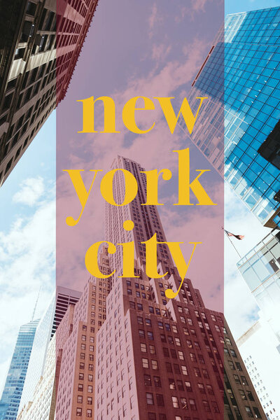 low angle view of skyscrapers and cloudy sky with yellow "new york city" lettering in new york, usa