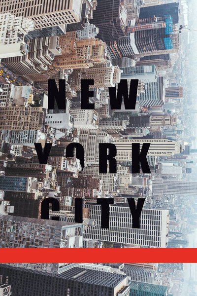 aerial view of architecture with "new york city" lettering and red line, new york, usa