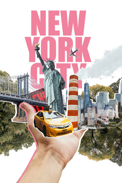 partial view of male hand with new york city, yellow taxi, statue of Liberty and trees cut out illustration isolated on white