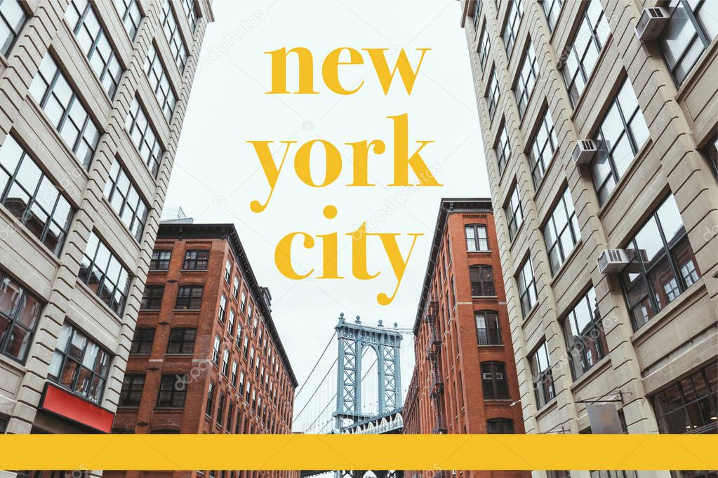 urban scene with buildings, brooklyn bridge and yellow 