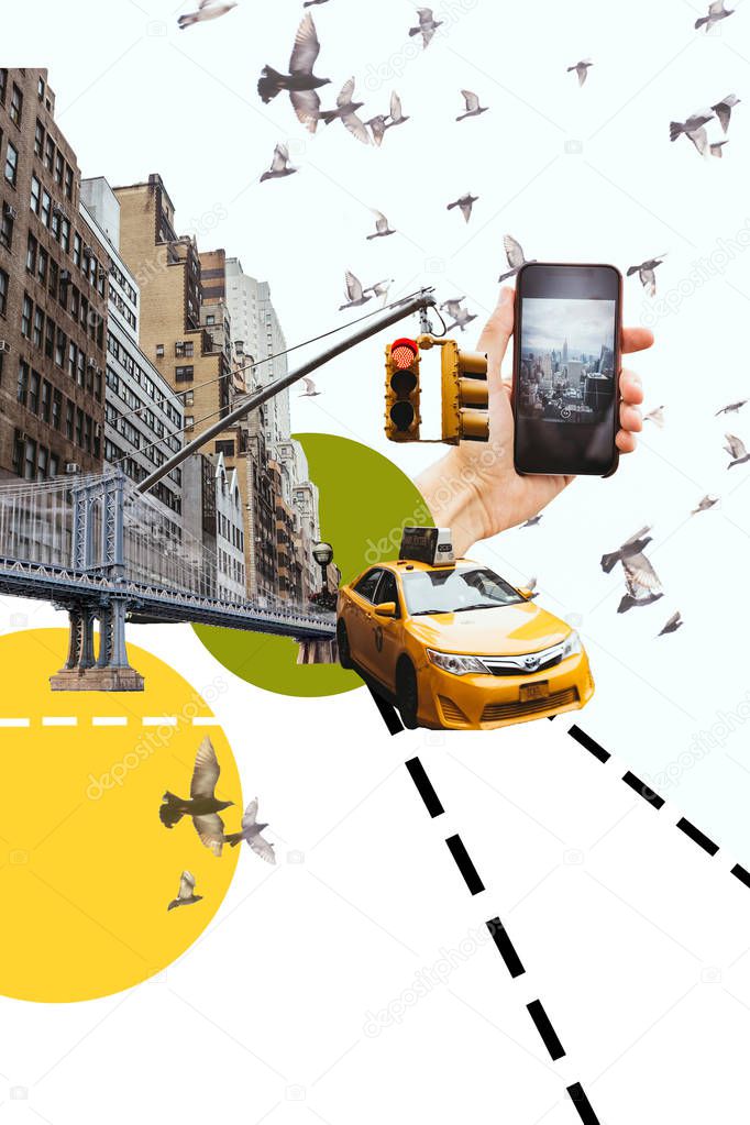 cropped shot fo man with smartphone taking picture of new york city with birds, taxi and circles illustration
