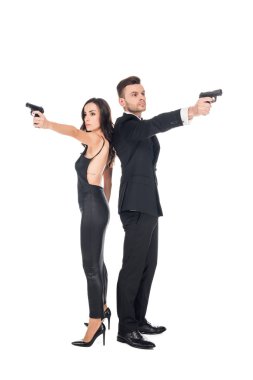 couple of secret agents aiming with weapon, isolated on white clipart