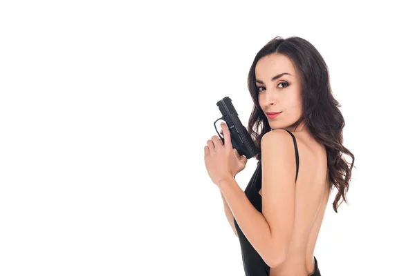 Atraente Assassino Feminino Vestido Preto Segurando Arma Isolado Branco — Fotografia de Stock