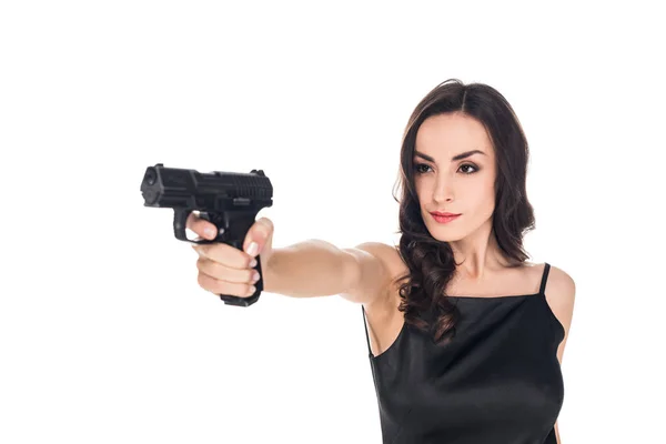 Assassino Fêmea Atraente Visando Com Arma Isolada Branco — Fotografia de Stock