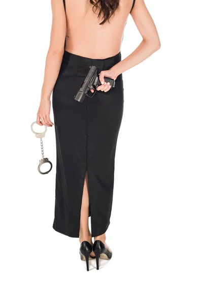 Vista Recortada Agente Secreto Femenino Vestido Negro Sosteniendo Pistola Esposas —  Fotos de Stock