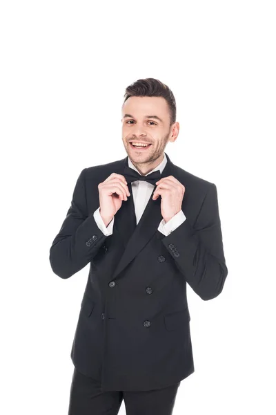 Cheerful Elegant Man Posing Black Tuxedo Tie Bow Isolated White — Stock Photo, Image