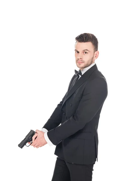 Handsome Killer Black Suit Holding Gun Isolated White — Stock Photo, Image