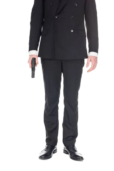 Cropped View Killer Black Suit Holding Handgun Isolated White — Stock Photo, Image