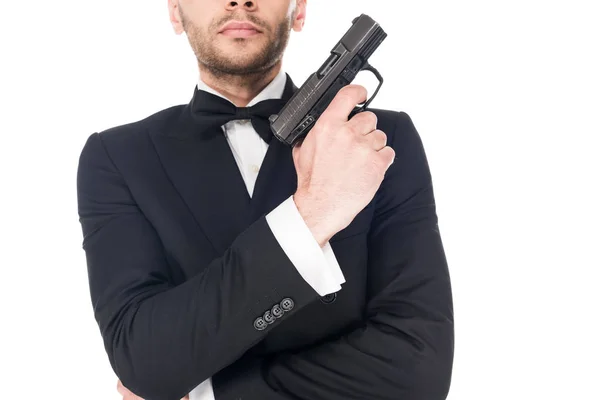 Vista Cortada Agente Secreto Terno Preto Segurando Arma Isolado Branco — Fotografia de Stock