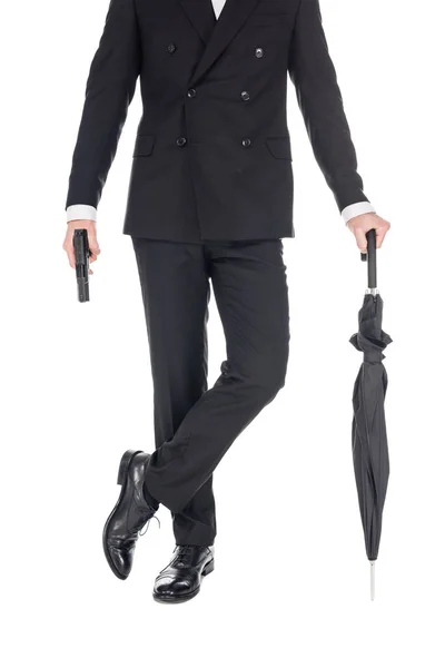 Oříznutý Pohled Tajného Agenta Drží Zbraň Deštník Izolované Bílém — Stock fotografie