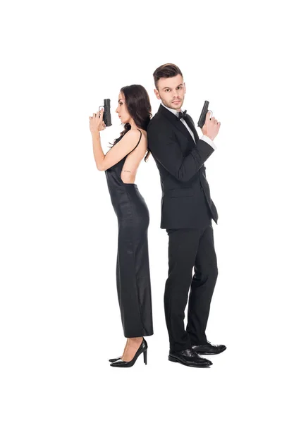 Pareja Agentes Secretos Posando Con Armas Aislados Blanco — Foto de Stock