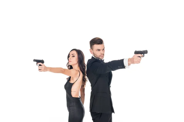 Pareja Agentes Secretos Vestidos Negro Apuntando Con Arma Aislados Blanco —  Fotos de Stock