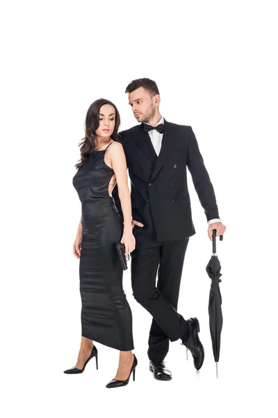 Beau Couple Tueurs Vêtements Noirs Posant Avec Pistolet Parapluie Isolé — Photo