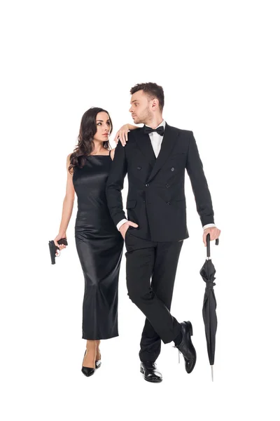 Young Elegant Couple Killers Black Clothes Posing Gun Umbrella Isolated — Stock Photo, Image