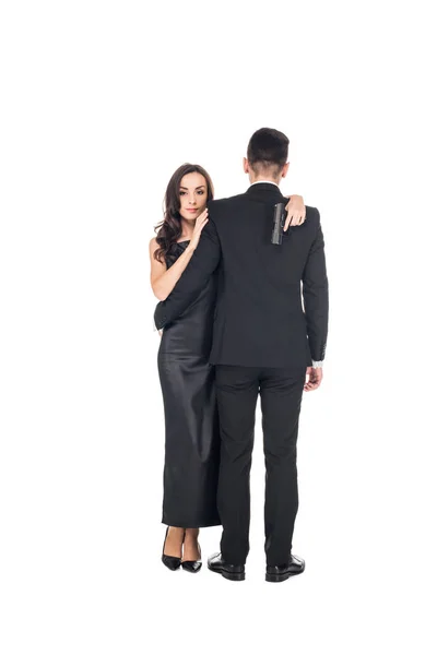 Elegant Couple Secret Agents Hugging Holding Gun Isolated White — Stock Photo, Image