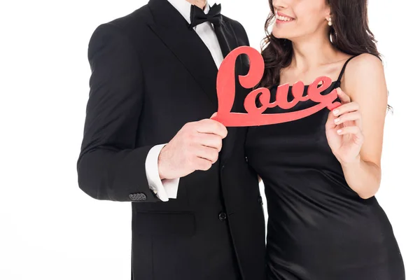 Oříznutý Pohled Šťastný Pár Drží Červený Lásku Znamení Valentýna Izolované — Stock fotografie