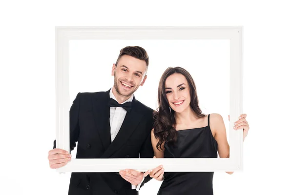 Belo Casal Sorridente Roupas Pretas Posando Com Quadro Isolado Branco — Fotografia de Stock