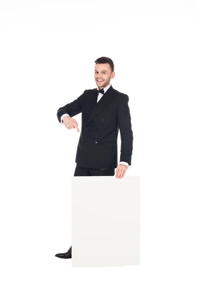 Cheerful Elegant Man Black Suit Pointing Empty Board Isolated White — Stock Photo, Image