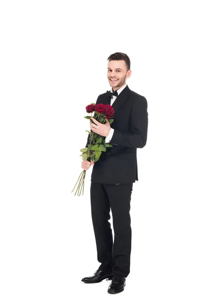 Elegante Uomo Smoking Nero Con Rose Rosse San Valentino Isolato — Foto Stock