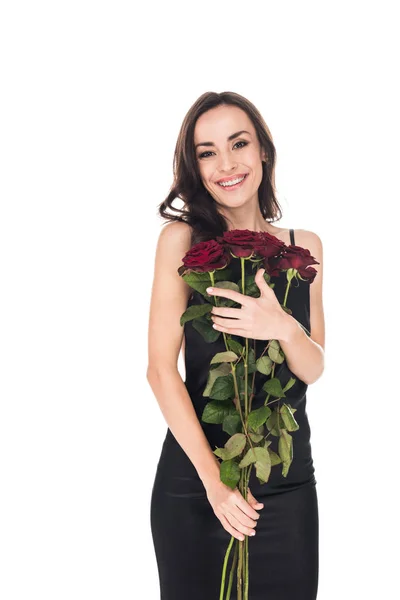 Ευτυχής Όμορφη Γυναίκα Κρατώντας Κόκκινα Τριαντάφυλλα Απομονωθεί Λευκό — Φωτογραφία Αρχείου