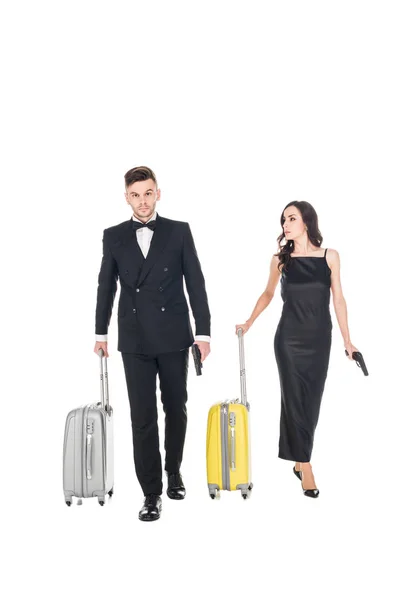 Couple Killers Black Clothes Guns Travel Bags Isolated White — Stock Photo, Image