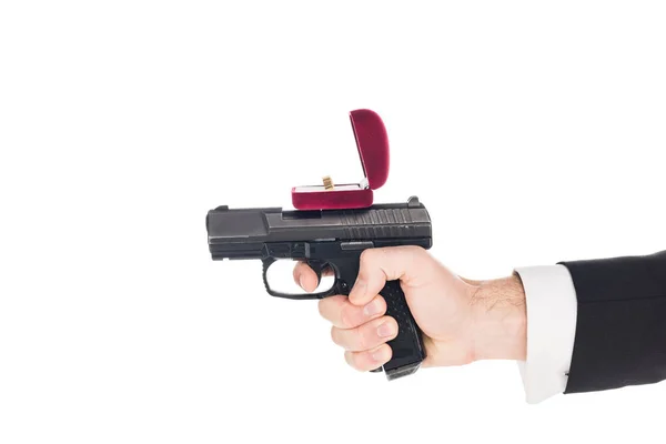Cropped View Man Holding Gun Proposal Ring Isolated White — Stock Photo, Image