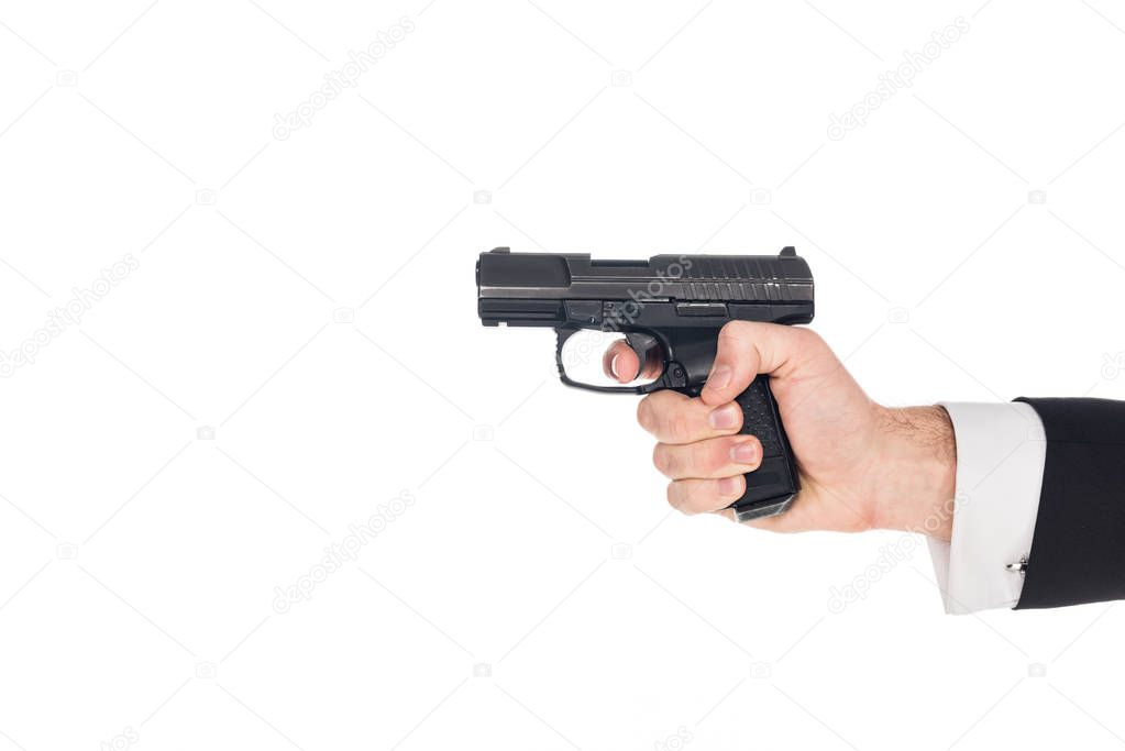 partial view of killer aiming with gun, isolated on white
