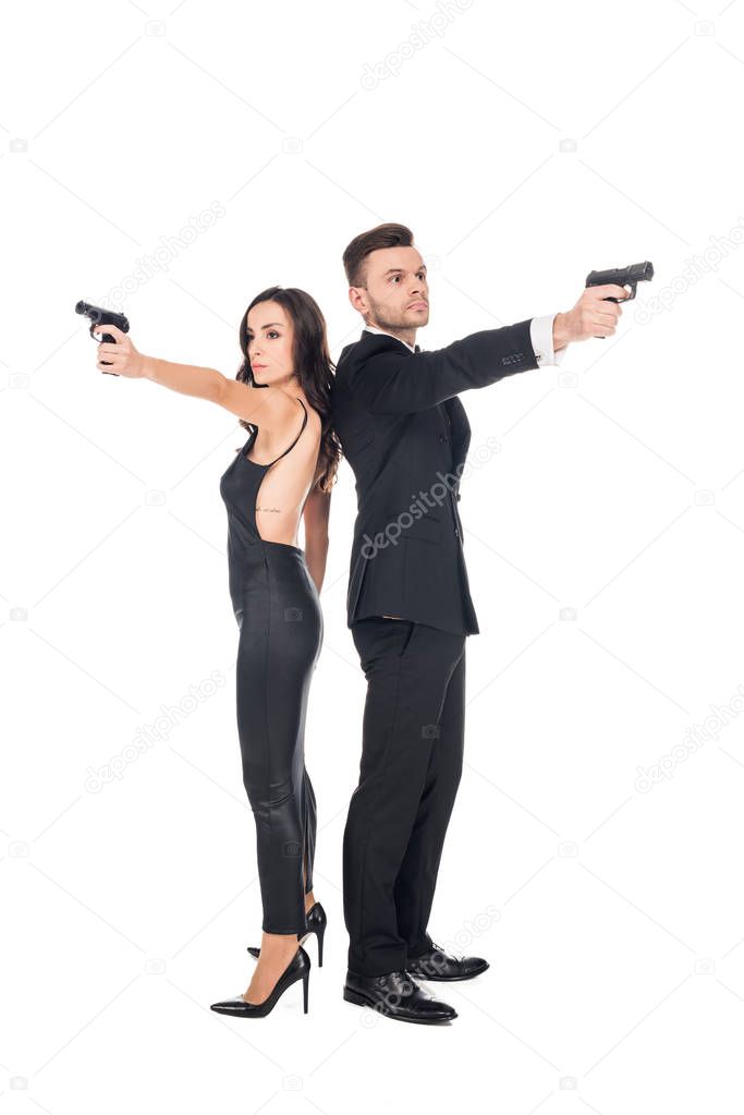 couple of secret agents aiming with weapon, isolated on white