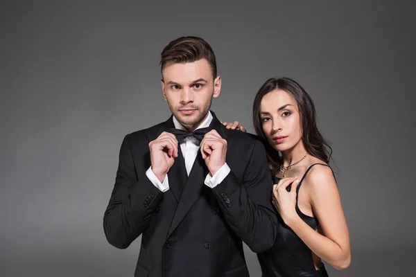 Beautiful Elegant Couple Posing Black Clothes Isolated Grey — Stock Photo, Image