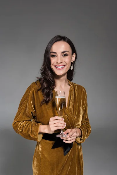 Portrait Attractive Elegant Smiling Woman Golden Dress Holding Glass Champagne — Stock Photo, Image