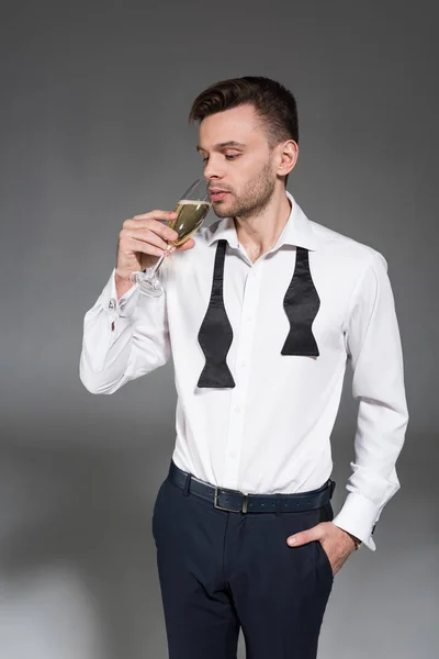 Handsome Young Man Drinking Champagne Isolated Grey — Stock Photo, Image