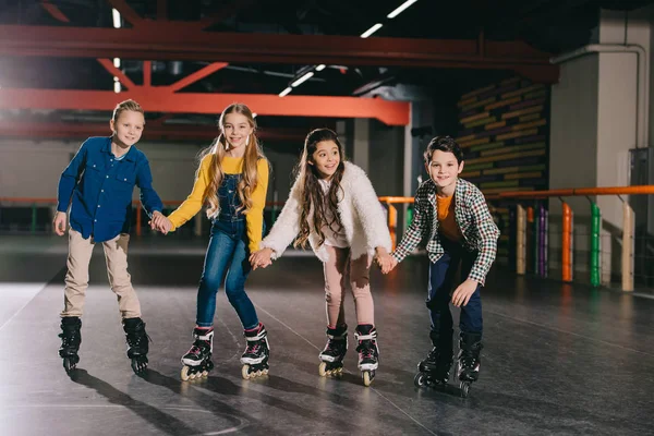 Adorable Smiling Children Preparing Start Moving Roller Skates — Stock Photo, Image