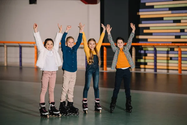 Happy Smiling Children Roller Skates Standing Spacious Roller Rink Hands — Stock Photo, Image