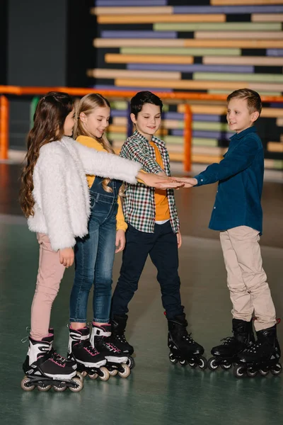 Selective Focus Pretty Smiling Children Roller Skates Stretching Hands Together — Stock Photo, Image