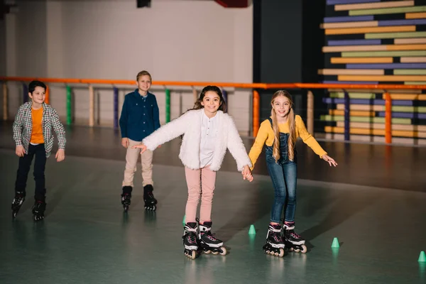 Excited Kids Roller Skates Training Together — Stock Photo, Image