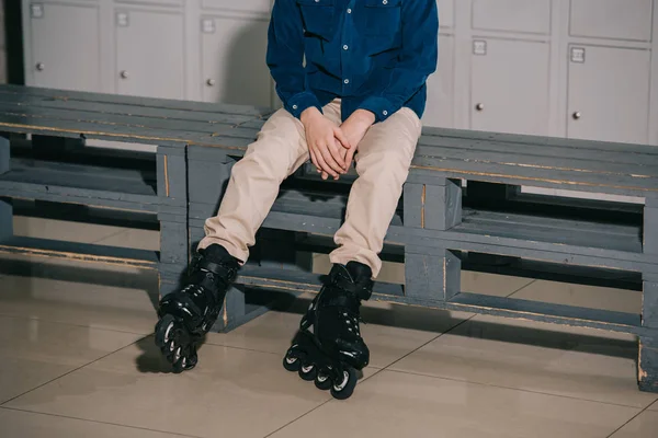 Partial Shot Boy Black Roller Skates Sitting Bench — Stock Photo, Image