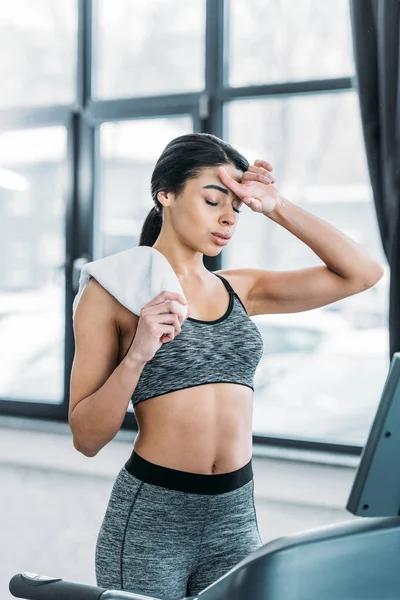 Tired African American Sportswoman Holding Towel While Working Out Gym — Stock Photo, Image