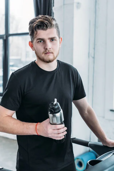 Handsome Young Man Holding Sports Bottle Looking Camera Gym — Stock Photo, Image