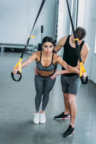 High Angle View Male Trainer Helping Sporty African American Girl — Stock Photo, Image