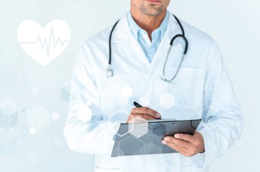 cropped image of doctor with stethoscope on shoulders writing something in clipboard on white with heartbeat and medical interface