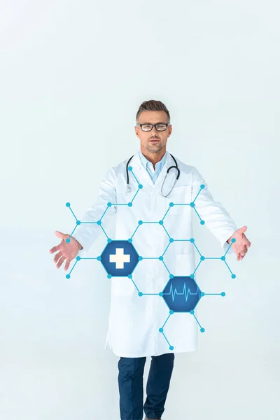 Handsome Doctor Glasses Standing Open Arms Medical Interface Isolated White — Stock Photo, Image