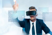 Geschäftsmann in Virtual-Reality-Headset berührt Innovationstechnologie isoliert auf weiße, künstliche Intelligenz-Konzept