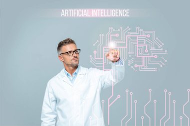 handsome scientist in white coat touching brain interface in air isolated on white, artificial intelligence concept clipart