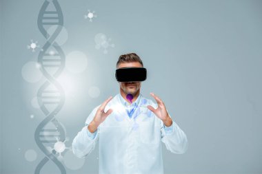 sanal gerçeklik kulaklık Grey dna, yapay zeka kavramı ile izole bir şey tutan bilim adamı