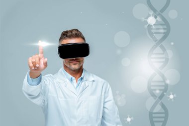 scientist in virtual reality headset touching medical interface with dna isolated on grey, artificial intelligence concept clipart
