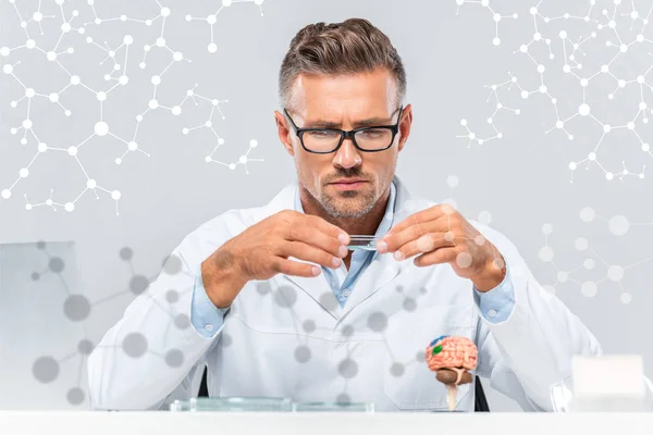 Handsome Scientist Glasses Looking Reagent Grey Technology Interface — Stock Photo, Image