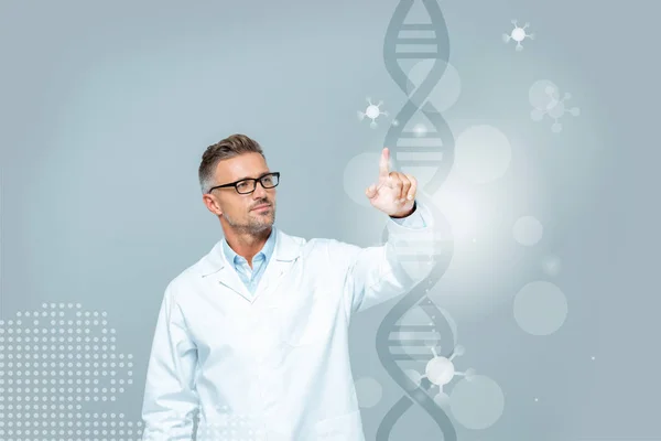 Handsome Scientist White Coat Touching Dna Interface Air Isolated White — Stock Photo, Image