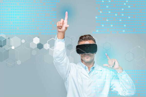 scientist in virtual reality headset touching medical interface isolated on grey, artificial intelligence concept